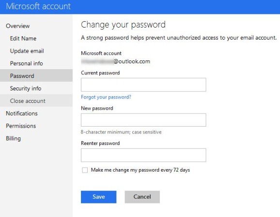 Account live password reset